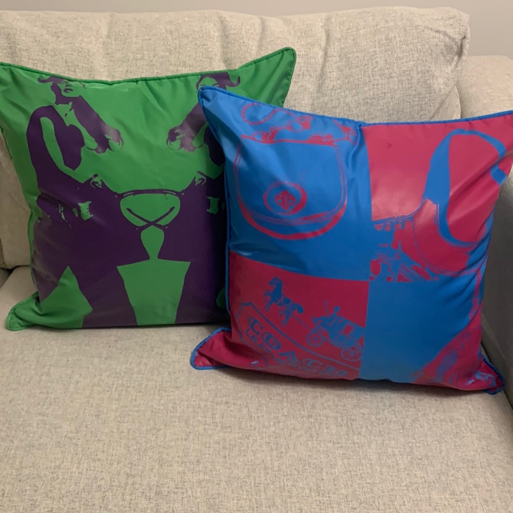 Coach Pillow Cases. Set of two. 17 x 17 inches. Pink/Blue and Purple/Green